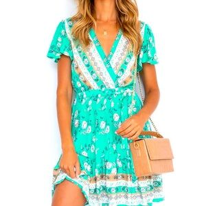 Women's Teal Wrap V Neck Bohemian Floral Print Ruffle - A Line Beach Mini Dress
